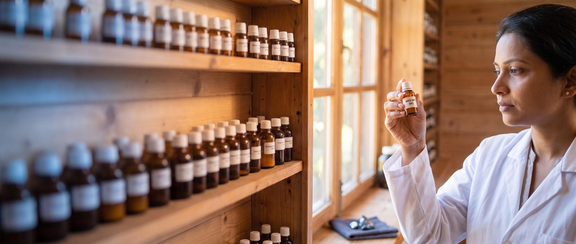 Homeopathy doctor examining a labeled Argentum Nitricum 30C remedy vial with a few dark silver-nitrate crystals on a dark cloth, apothecary shelf of medicine bottles in the background