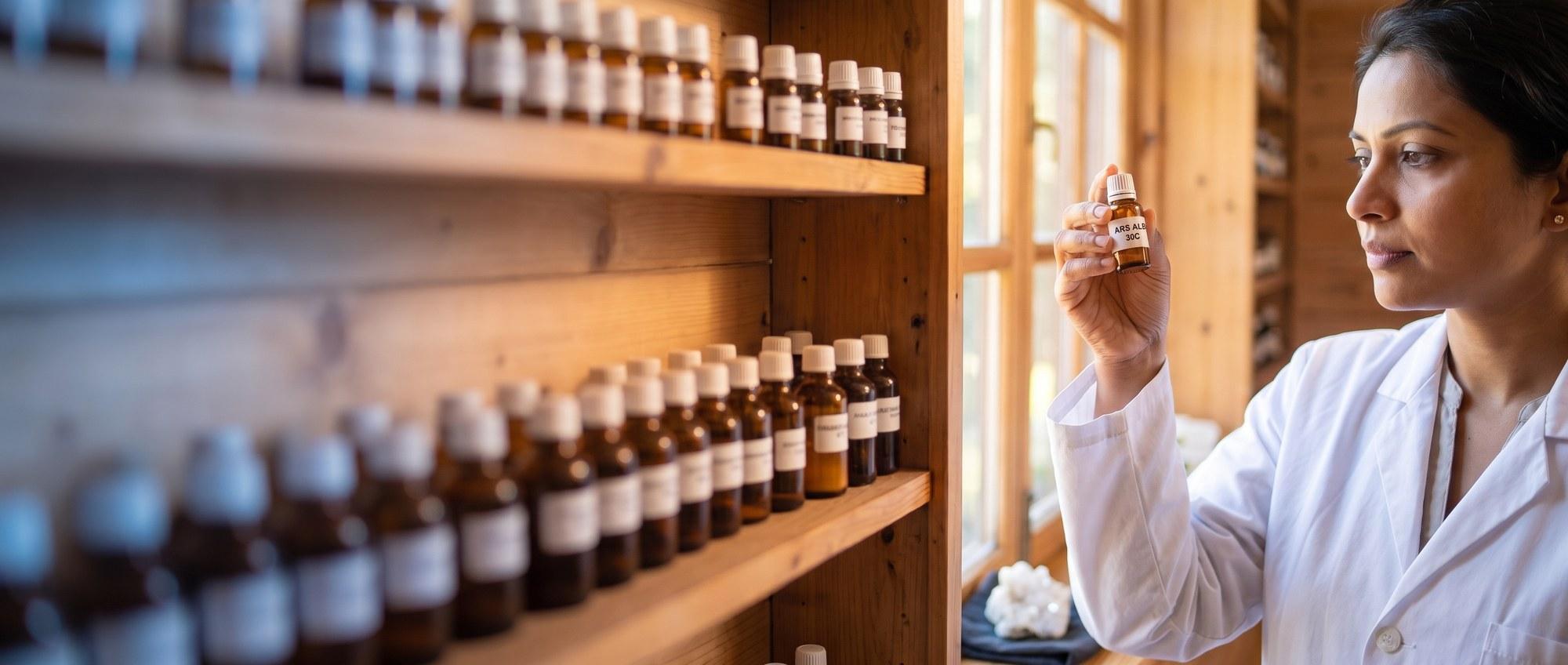 Homeopathy doctor examining a labeled Arsenicum Album (Ars Alb) 30C remedy vial with a small chunk of white crystalline mineral on a dark cloth, apothecary shelf of medicine bottles in the background