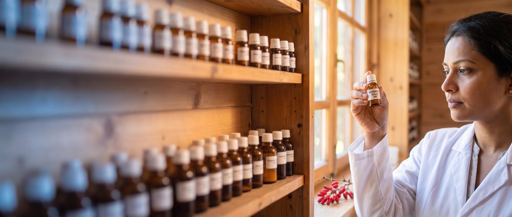 Homeopathy doctor examining a labeled Berberis Vulgaris 30C remedy vial with a cluster of red barberry berries on a thorny stem, apothecary shelf of medicine bottles in the background