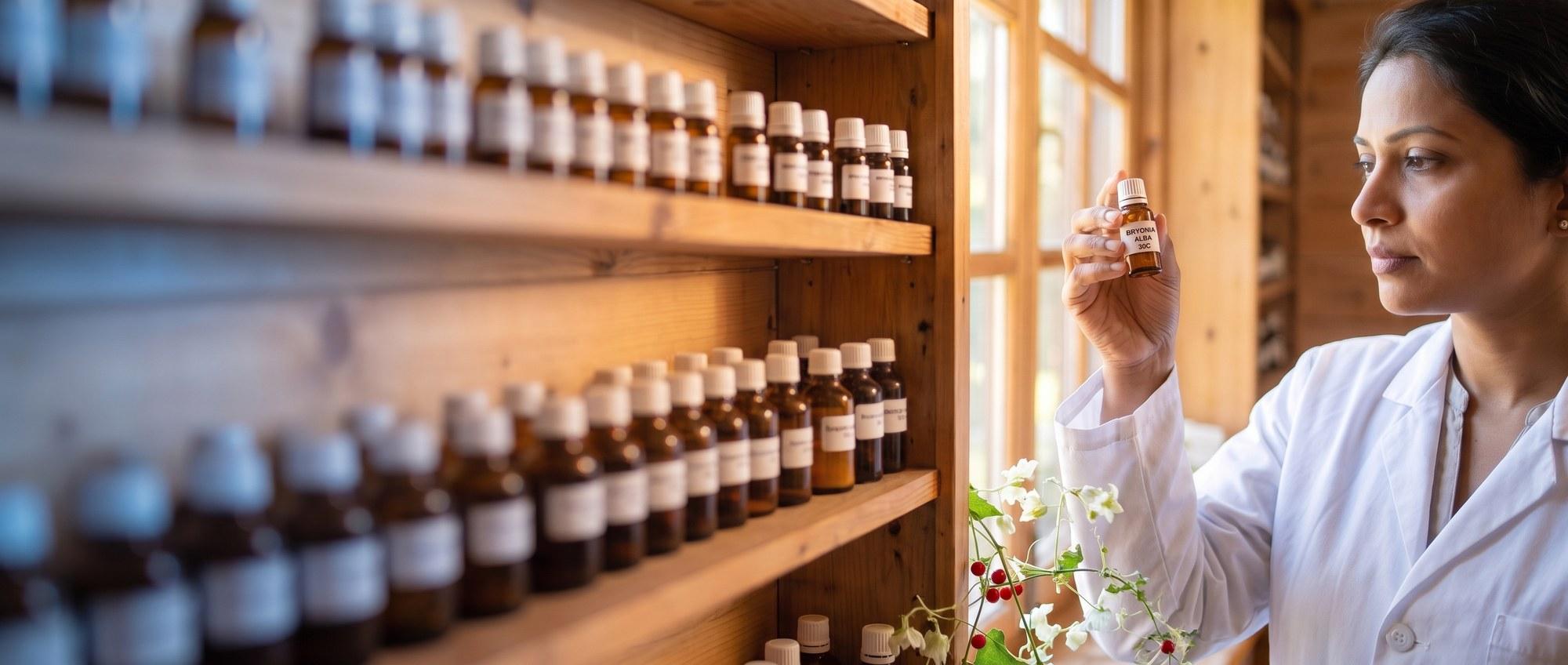 Homeopathy doctor examining a labeled Bryonia Alba 30C remedy vial with a trailing white bryony vine with small berries, apothecary shelf of medicine bottles in the background