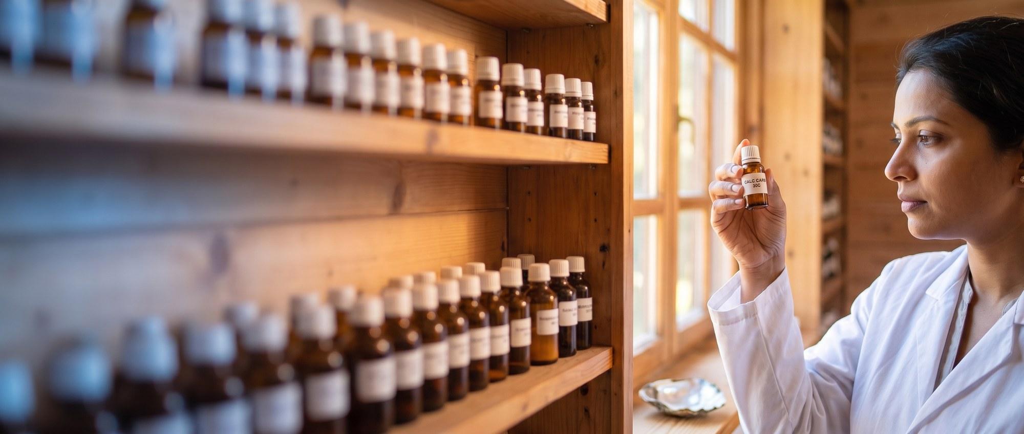 Homeopathy doctor examining a labeled Calcarea Carbonica 30C remedy vial with an open oyster shell showing its pearly inner layer, apothecary shelf of medicine bottles in the background