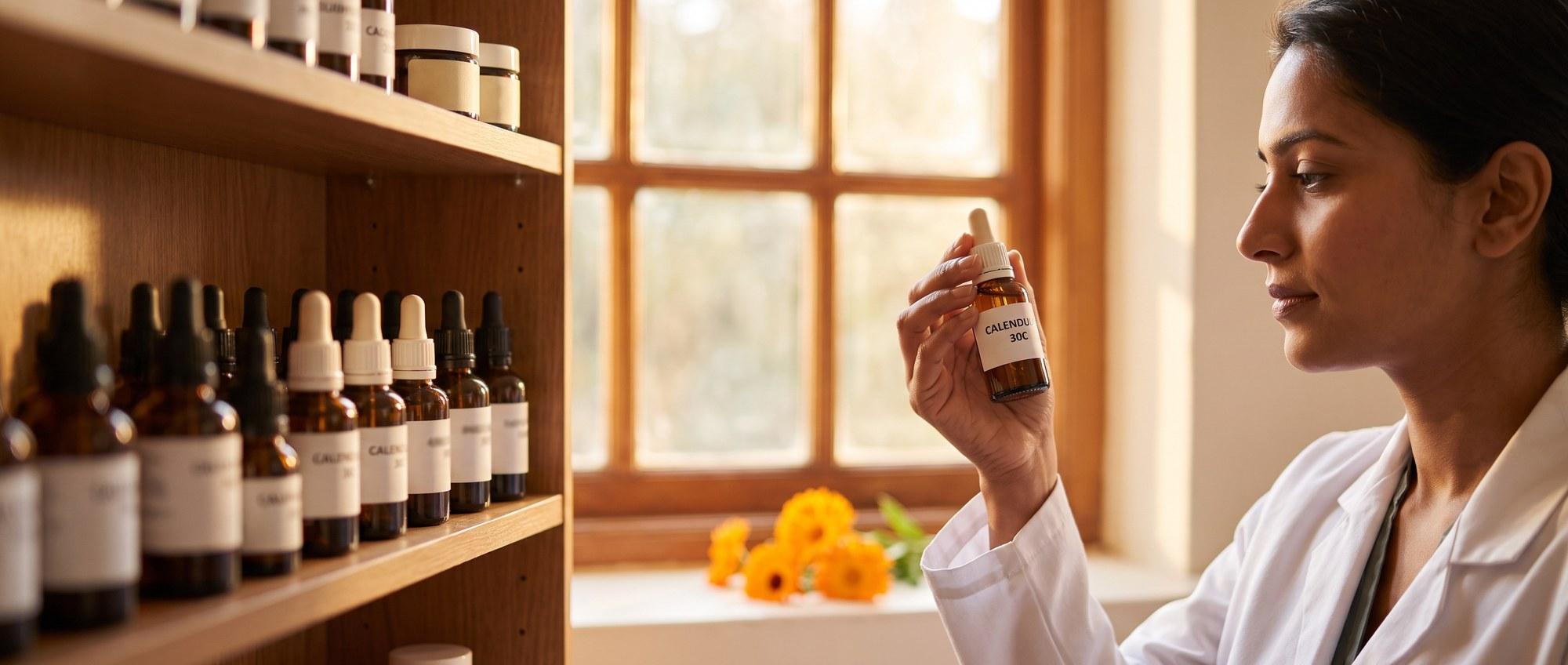 Homeopathy doctor examining a labeled Calendula Officinalis 30C remedy vial with bright orange marigold flowers, apothecary shelf of medicine bottles in the background