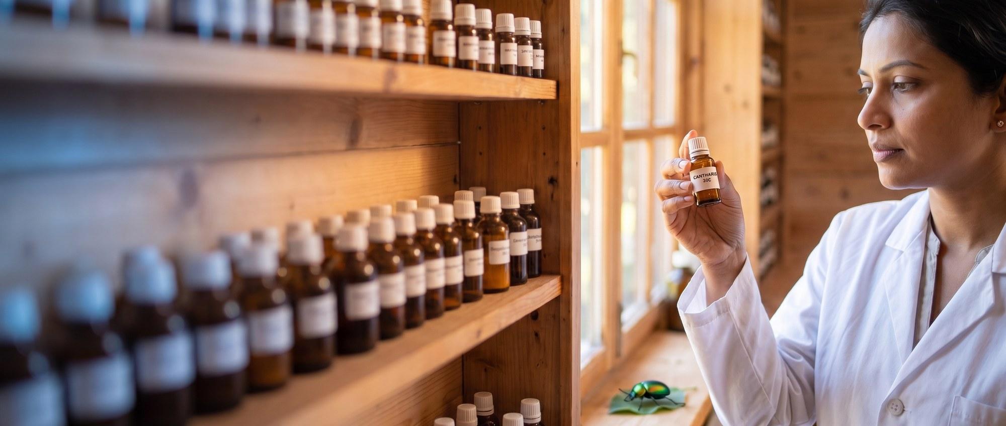 Homeopathy doctor examining a labeled Cantharis 30C remedy vial with a single small iridescent green beetle specimen resting on a leaf, apothecary shelf of medicine bottles in the background