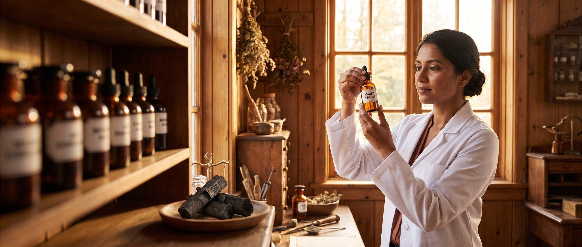 Homeopathy doctor examining a labeled Carbo Vegetabilis 30C remedy vial with a few pieces of natural wood charcoal on a small dish, apothecary shelf of medicine bottles in the background
