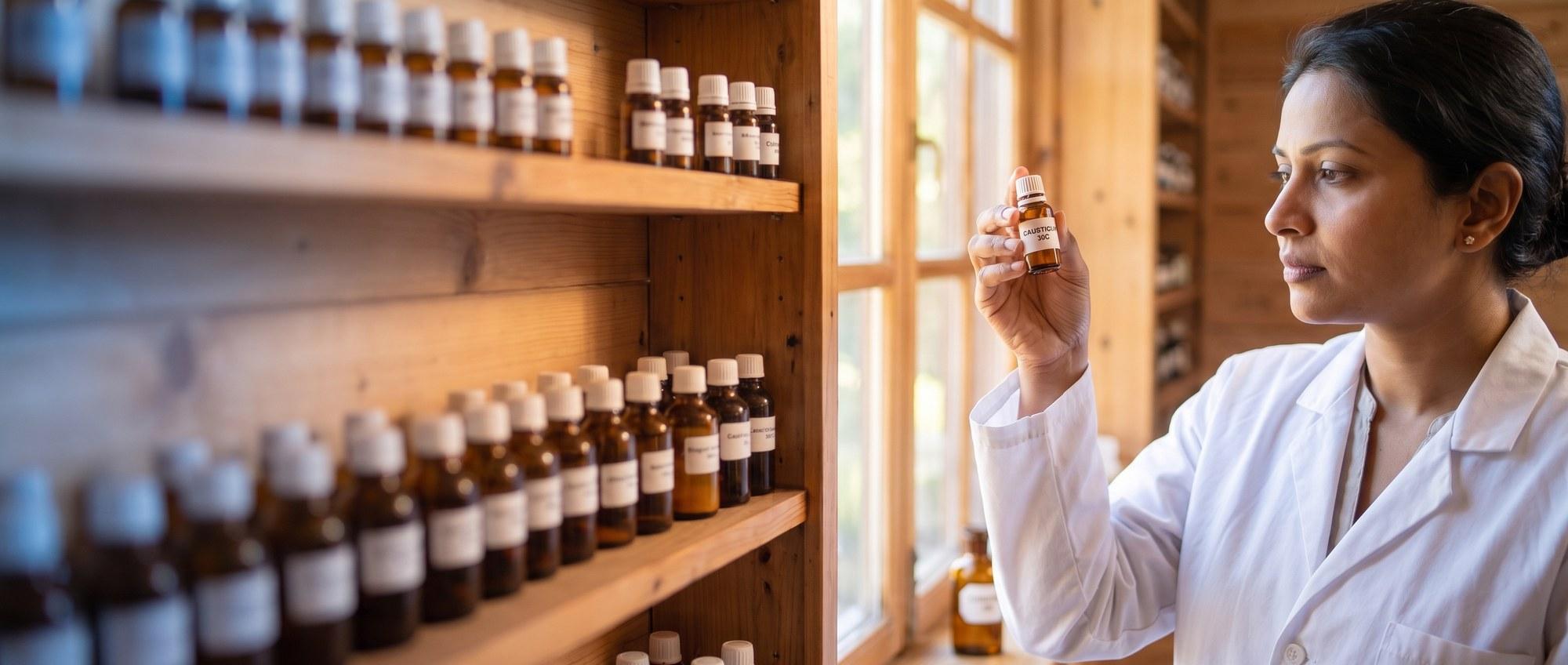 Homeopathy doctor examining a labeled Causticum 30C remedy vial with a small amber apothecary bottle of pale caustic tincture, apothecary shelf of medicine bottles in the background