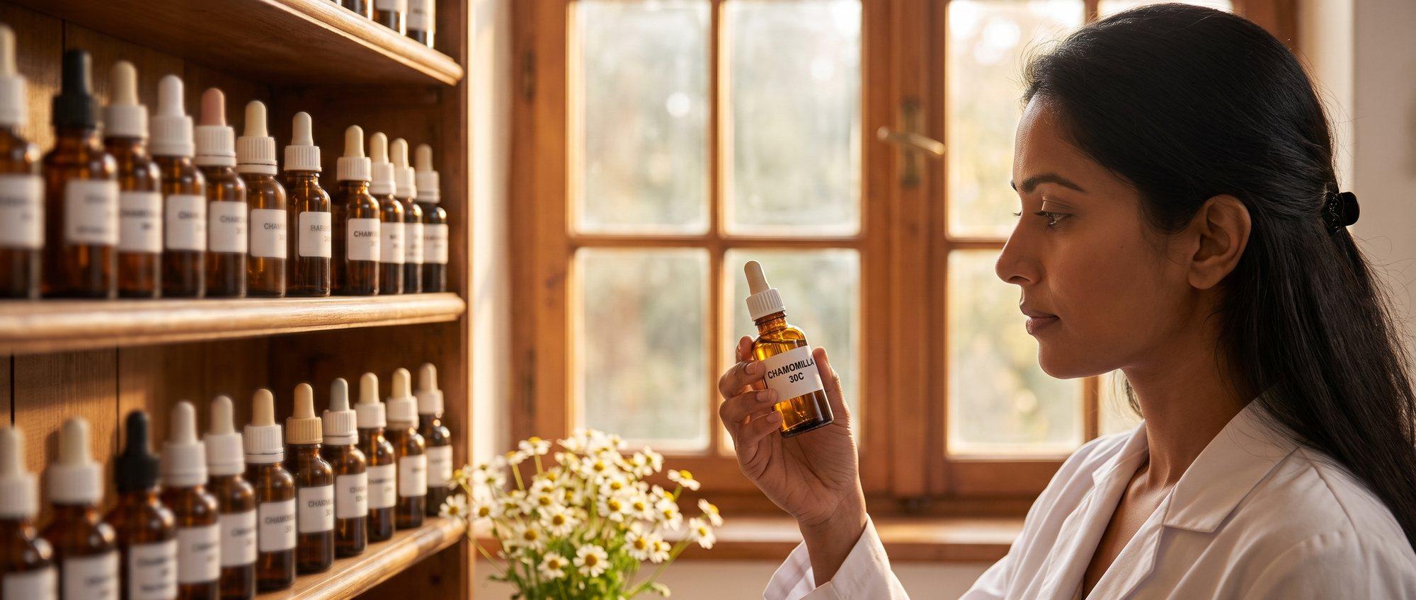 Homeopathy doctor examining a labeled Chamomilla 30C remedy vial with a small bunch of chamomile flowers, apothecary shelf of medicine bottles in the background