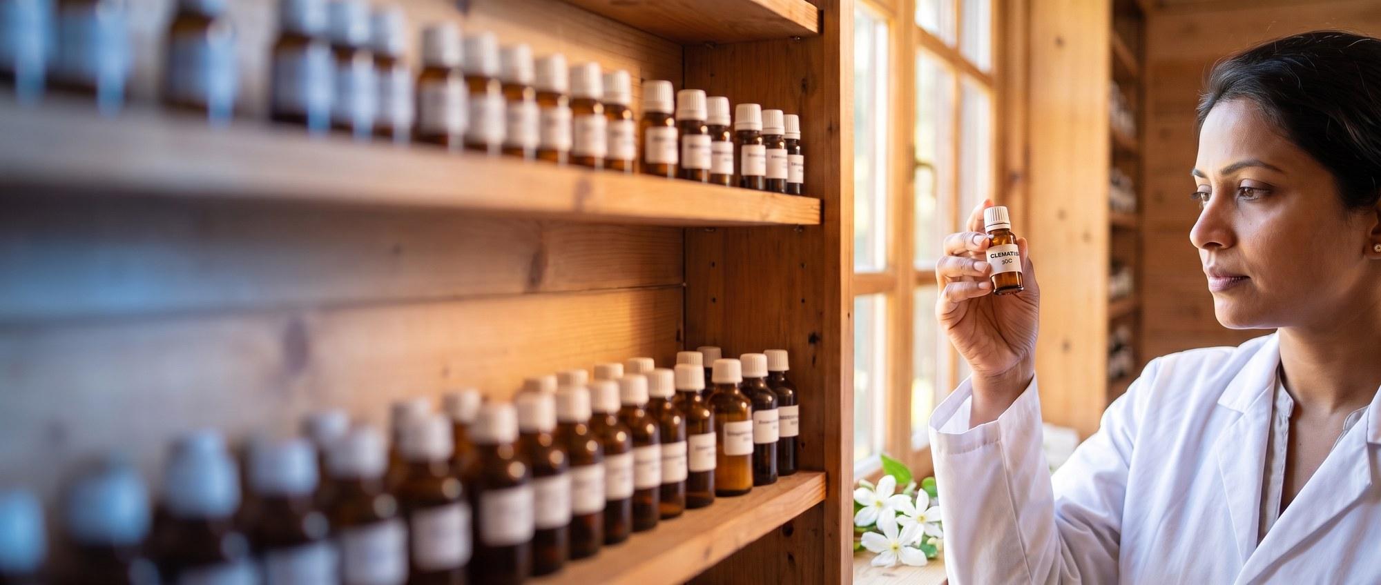 Homeopathy doctor examining a labeled Clematis Erecta 30C remedy vial with small white clematis flowers, apothecary shelf of medicine bottles in the background
