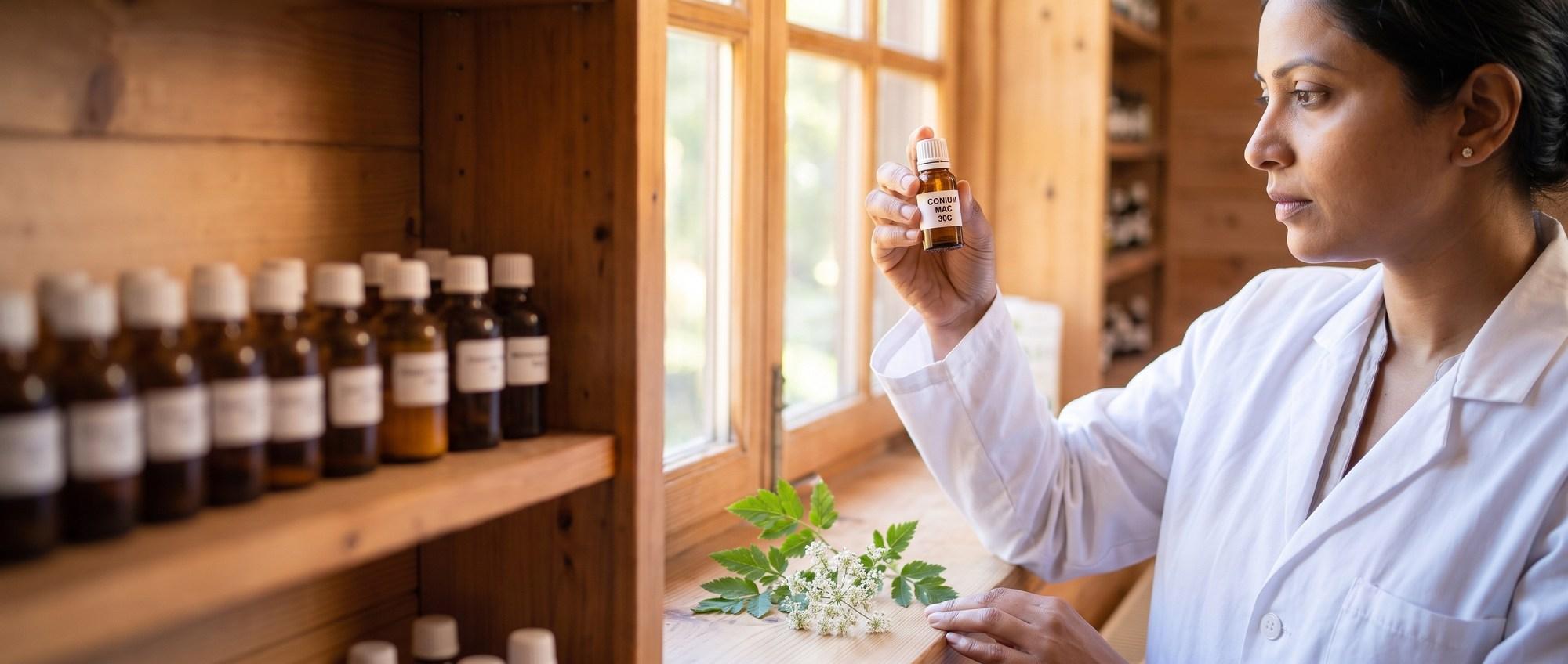 Homeopathy doctor examining a labeled Conium Maculatum 30C remedy vial with a sprig of poison-hemlock leaves with a small umbel flower, apothecary shelf of medicine bottles in the background