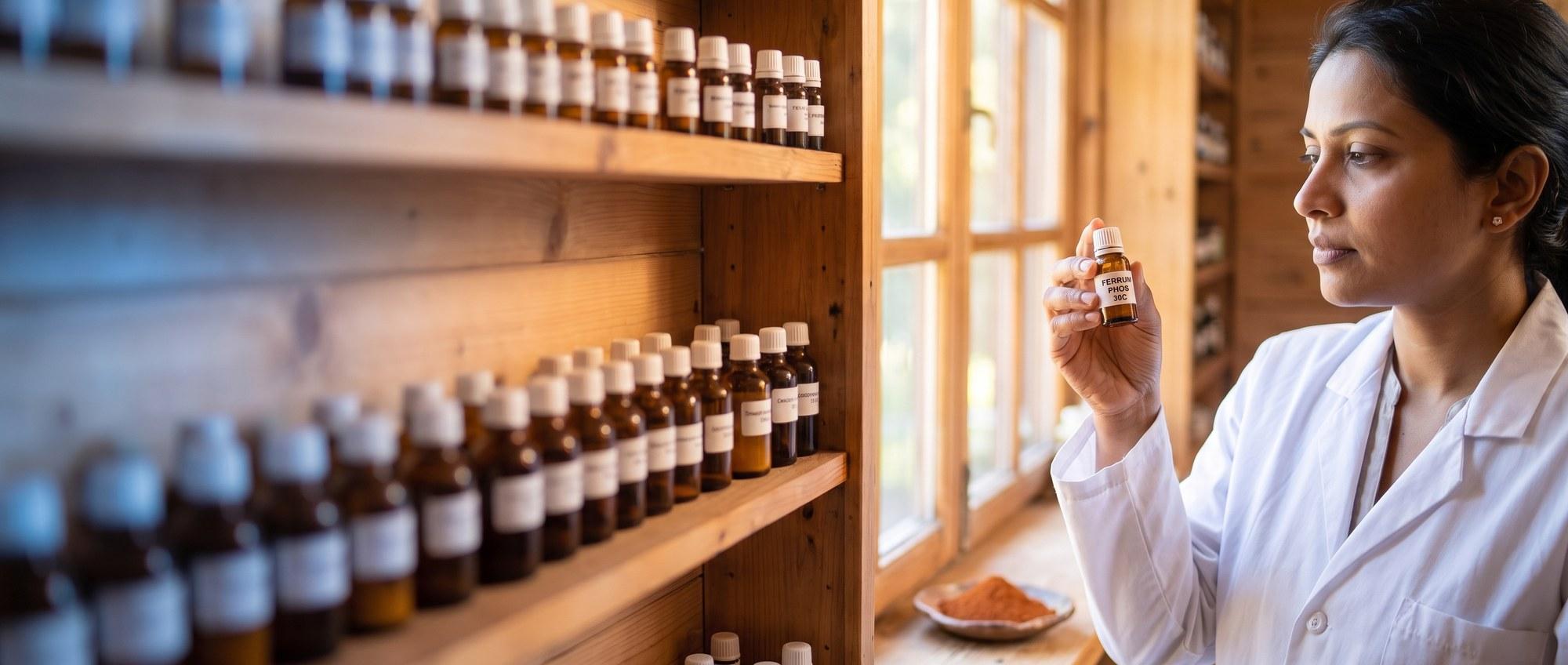 Homeopathy doctor examining a labeled Ferrum Phosphoricum 30C remedy vial with a small dish of rust-coloured iron-phosphate mineral powder, apothecary shelf of medicine bottles in the background