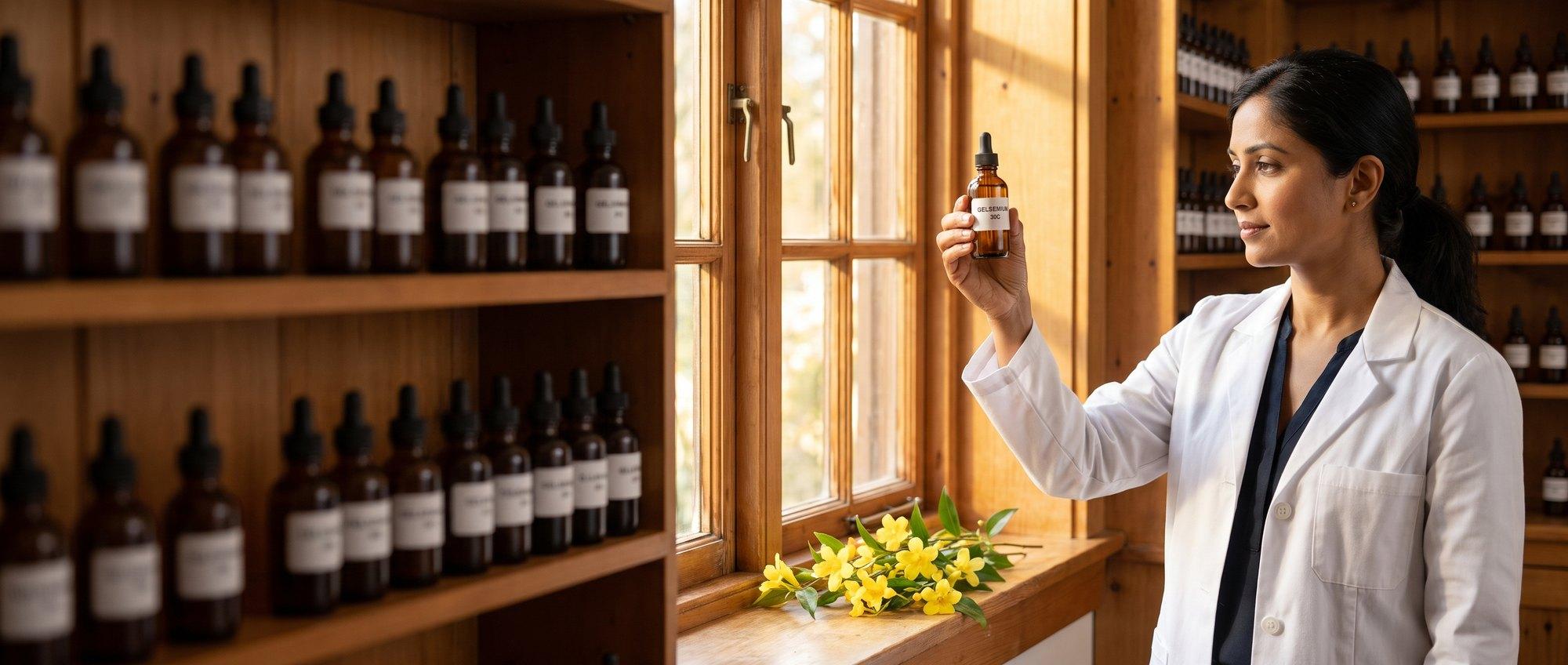 Homeopathy doctor examining a labeled Gelsemium 30C remedy vial with a spray of yellow jasmine flowers, apothecary shelf of medicine bottles in the background