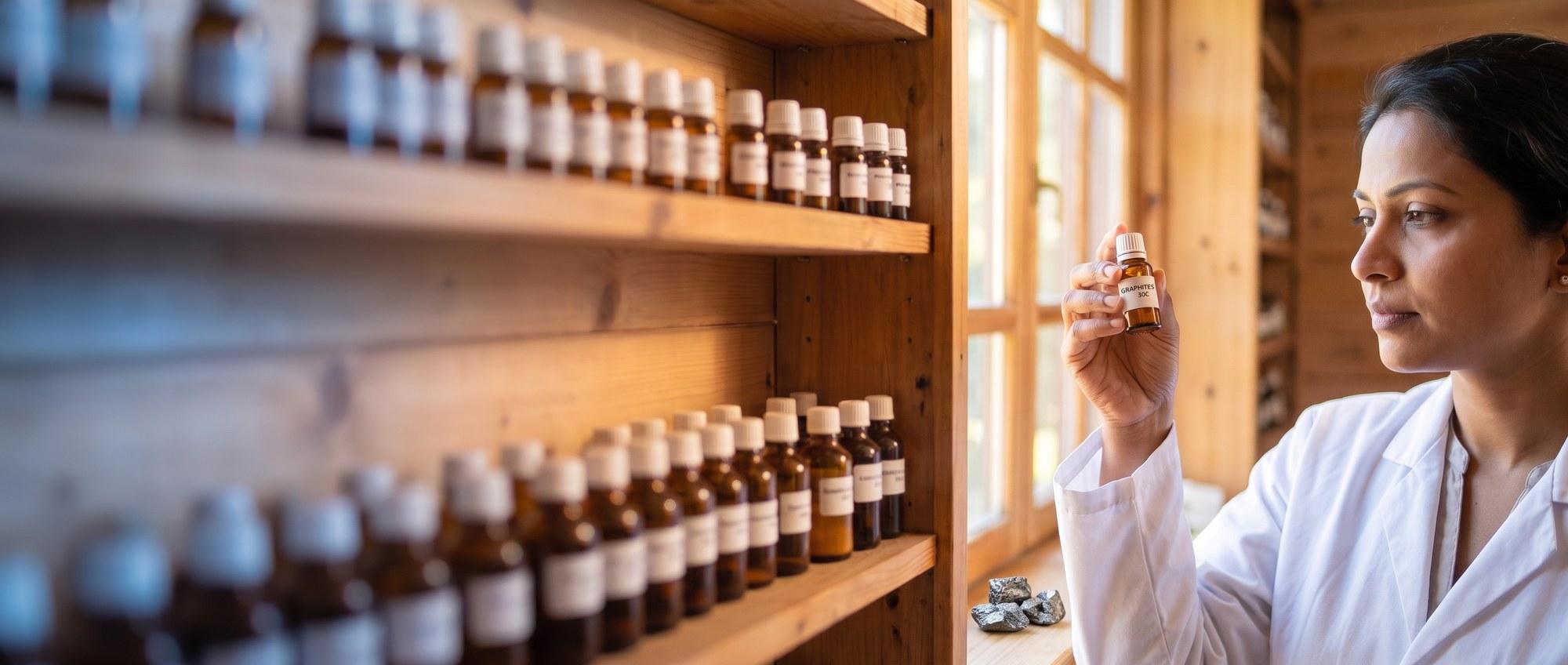 Homeopathy doctor examining a labeled Graphites 30C remedy vial with a few chunks of natural graphite mineral, apothecary shelf of medicine bottles in the background