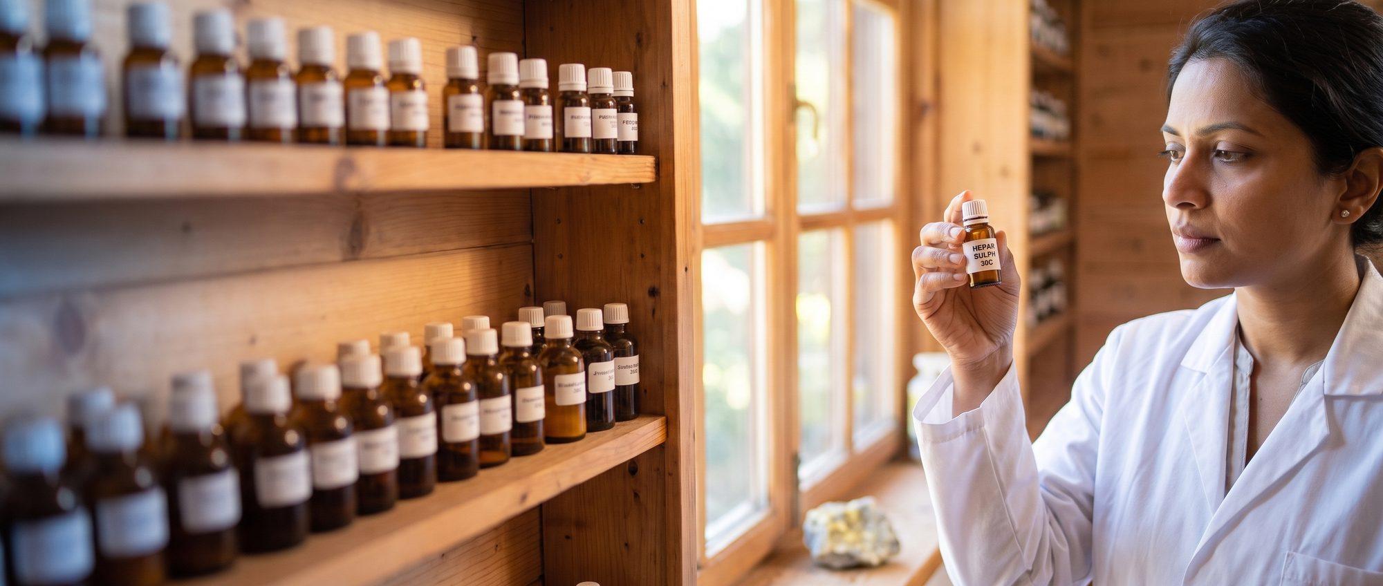Homeopathy doctor examining a labeled Hepar Sulphuris 30C remedy vial with a pale grey-yellow mineral chunk (calcium sulphide), apothecary shelf of medicine bottles in the background