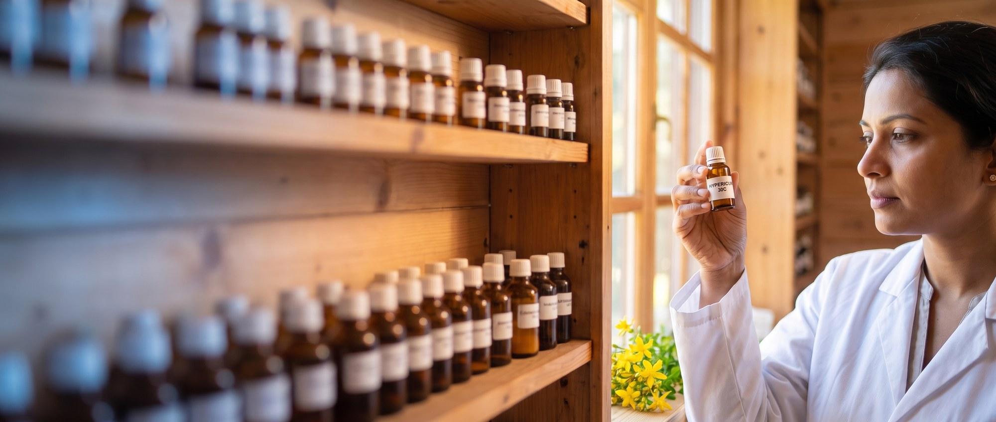 Homeopathy doctor examining a labeled Hypericum Perforatum 30C remedy vial with yellow St John's wort flowers, apothecary shelf of medicine bottles in the background