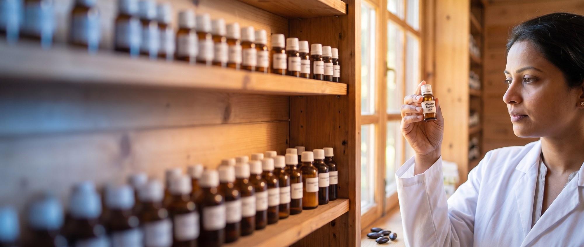 Homeopathy doctor examining a labeled Ignatia Amara 30C remedy vial with a dark glossy St. Ignatius bean, apothecary shelf of medicine bottles in the background