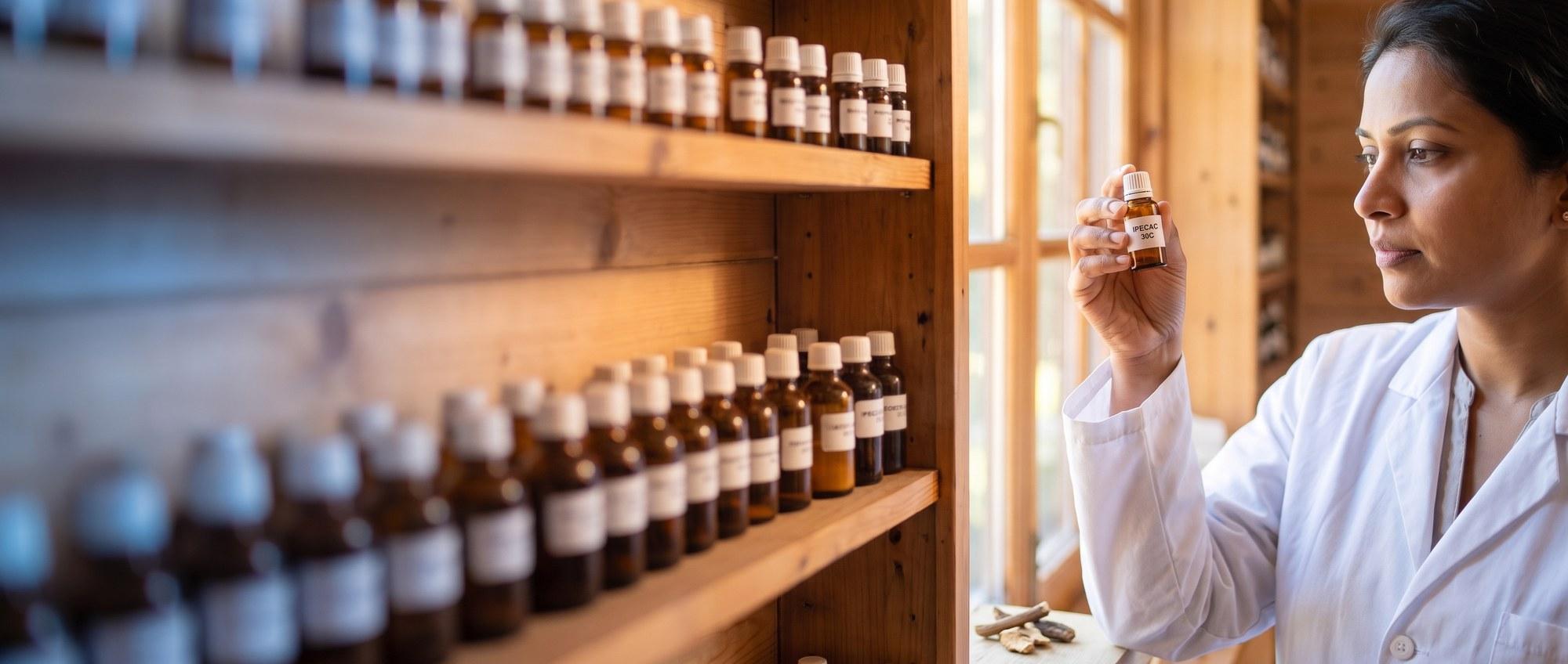 Homeopathy doctor examining a labeled Ipecacuanha (Ipecac) 30C remedy vial with a few dried ipecac root pieces, apothecary shelf of medicine bottles in the background