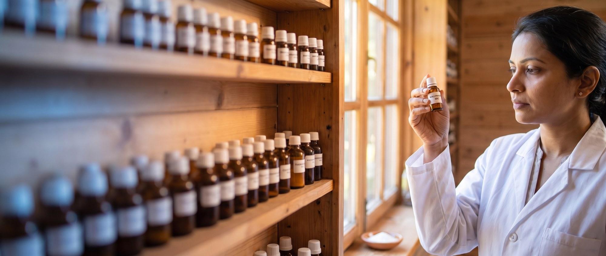 Homeopathy doctor examining a labeled Kali Phosphoricum 30C remedy vial with a small dish of fine white potassium-phosphate crystals, apothecary shelf of medicine bottles in the background