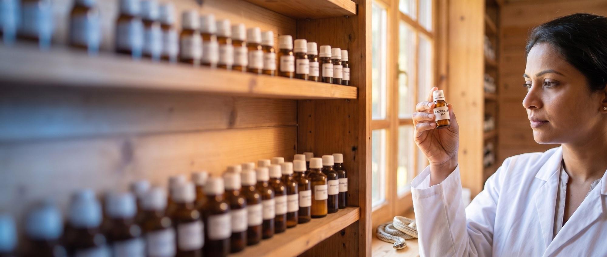 Homeopathy doctor examining a labeled Lachesis Muta 30C remedy vial with a shed snakeskin coiled tastefully beside the vial (no live snake), apothecary shelf of medicine bottles in the background