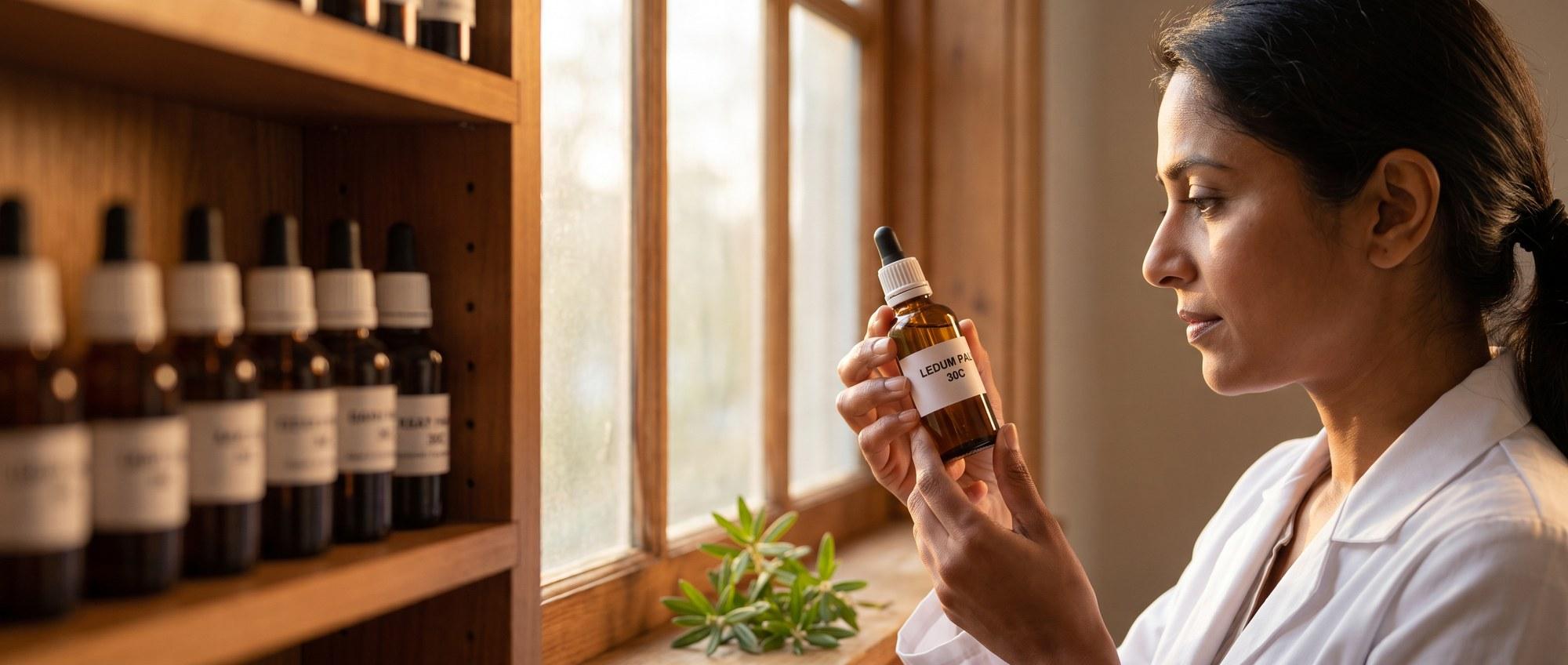 Homeopathy doctor examining a labeled Ledum Palustre 30C remedy vial with a sprig of marsh Labrador tea leaves, apothecary shelf of medicine bottles in the background