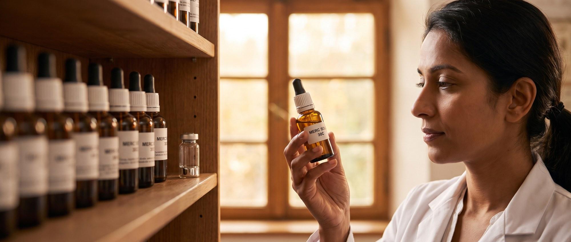 Homeopathy doctor examining a labeled Mercurius Solubilis 30C remedy vial with a small sealed glass vial of silvery liquid mercury, handled with visible care, apothecary shelf of medicine bottles in the background