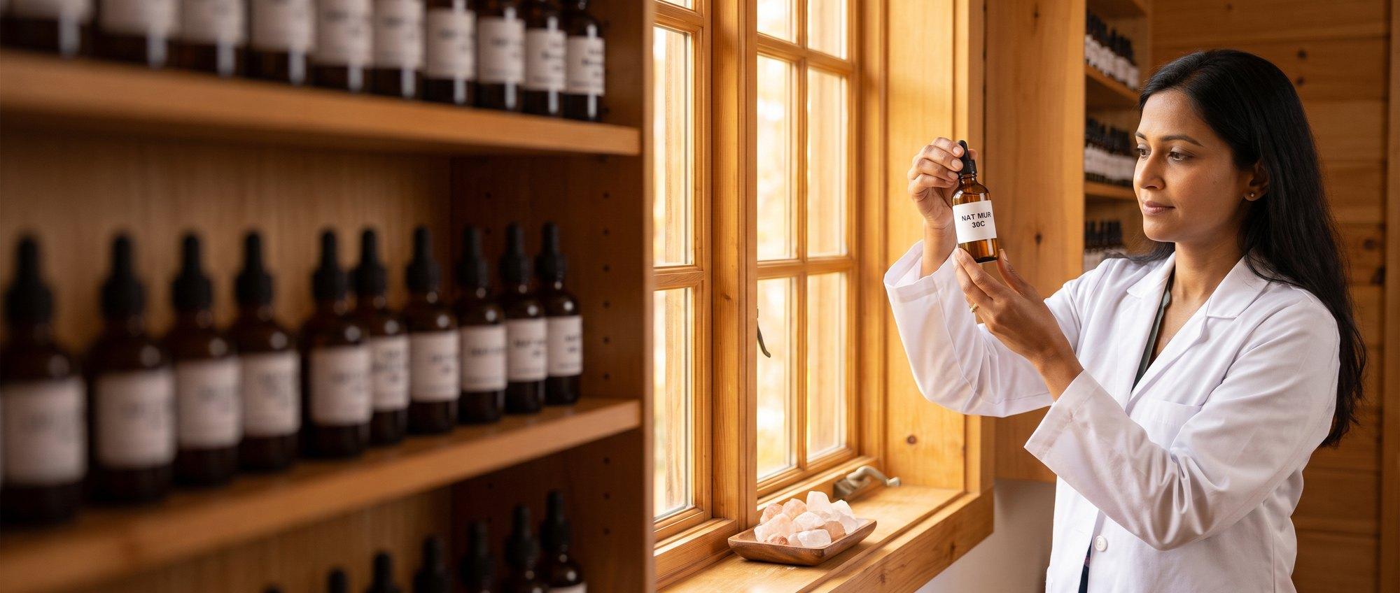 Homeopathy doctor examining a labeled Natrum Muriaticum 30C remedy vial with a small dish of coarse rock-salt crystals, apothecary shelf of medicine bottles in the background