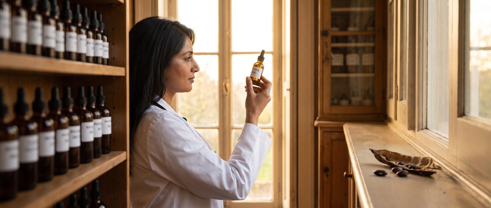 Homeopathy doctor examining a labeled Physostigma (Phys) 30C remedy vial with a Calabar bean pod with a few dark seeds, apothecary shelf of medicine bottles in the background
