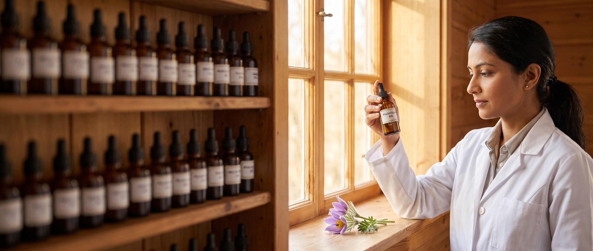 Homeopathy doctor examining a labeled Pulsatilla 30C remedy vial with a purple pasque-flower (windflower) bloom, apothecary shelf of medicine bottles in the background