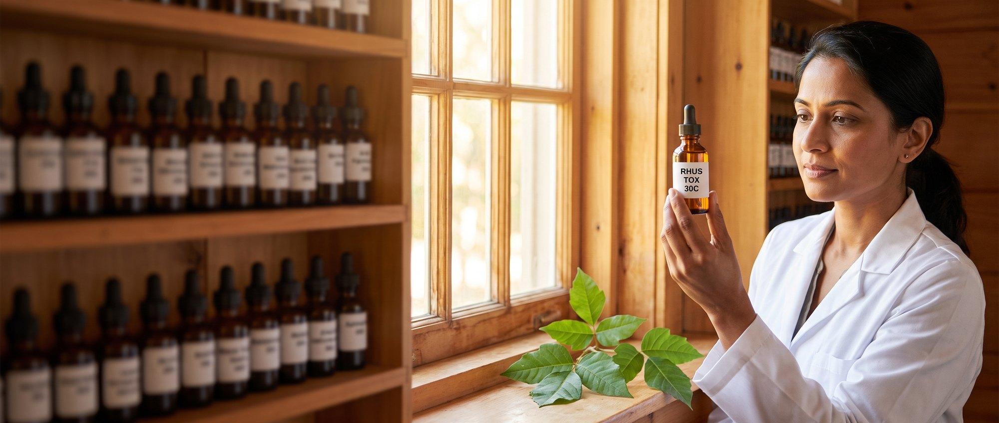 Homeopathy doctor examining a labeled Rhus Toxicodendron (Rhus Tox) 30C remedy vial with a few glossy poison-ivy leaves resting on the windowsill, apothecary shelf of medicine bottles in the background