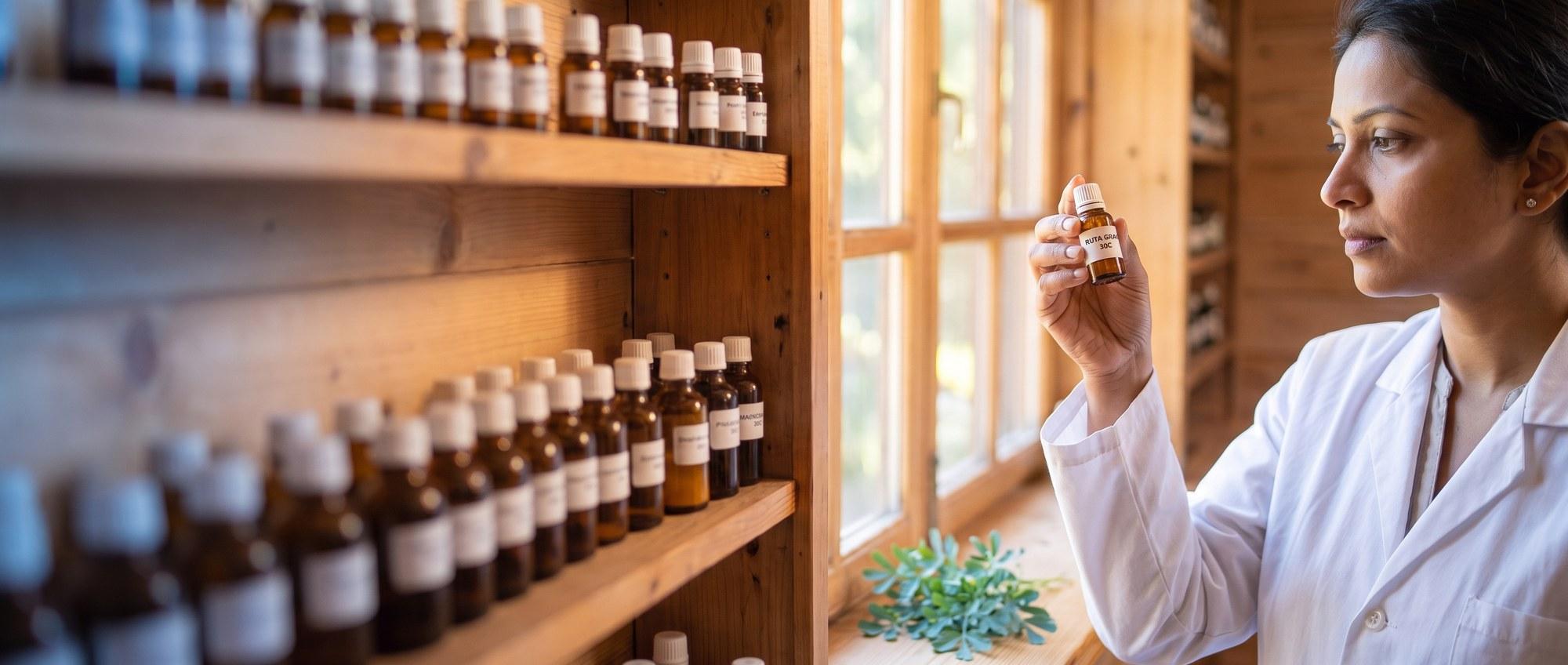 Homeopathy doctor examining a labeled Ruta Graveolens 30C remedy vial with a sprig of blue-green rue leaves, apothecary shelf of medicine bottles in the background