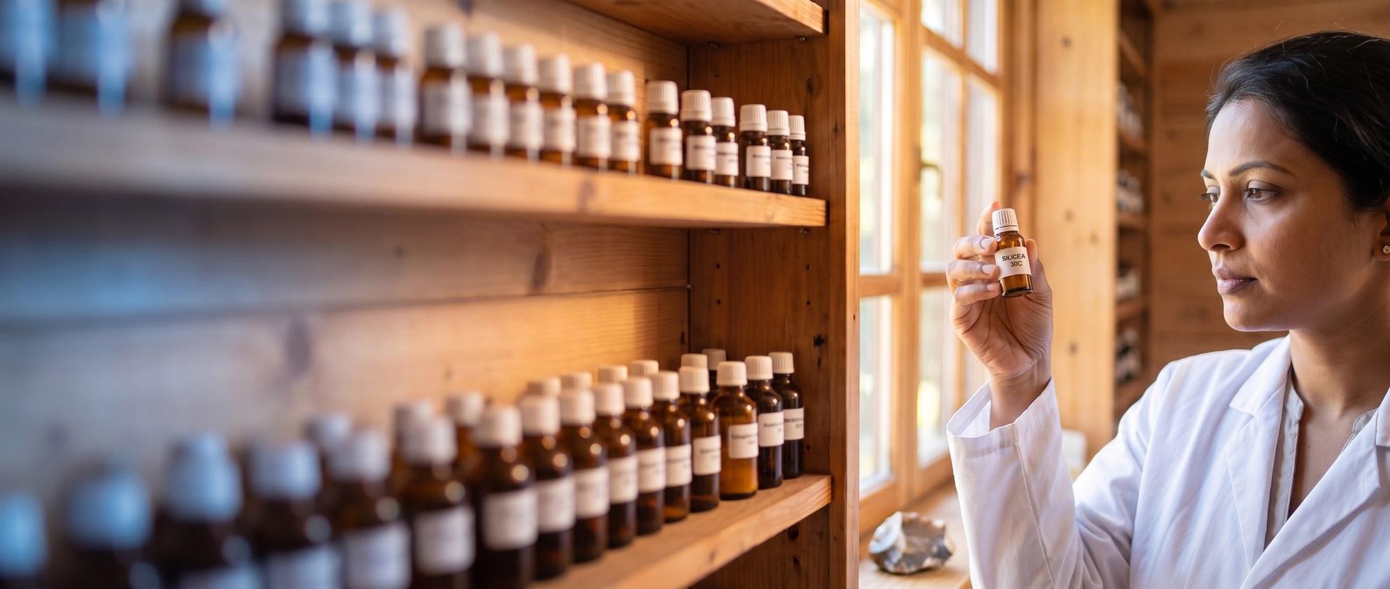 Homeopathy doctor examining a labeled Silicea (Silica) 30C remedy vial with a rough piece of natural flint stone, apothecary shelf of medicine bottles in the background