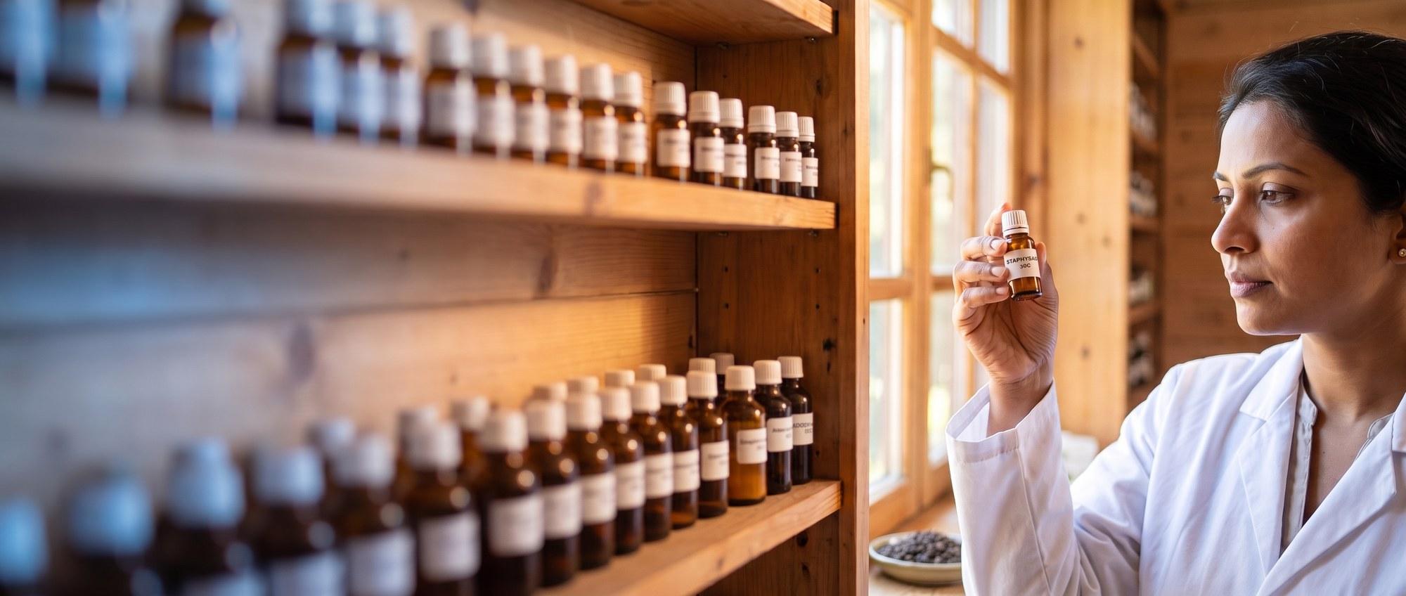 Homeopathy doctor examining a labeled Staphysagria 30C remedy vial with a small dish of stavesacre seeds, apothecary shelf of medicine bottles in the background