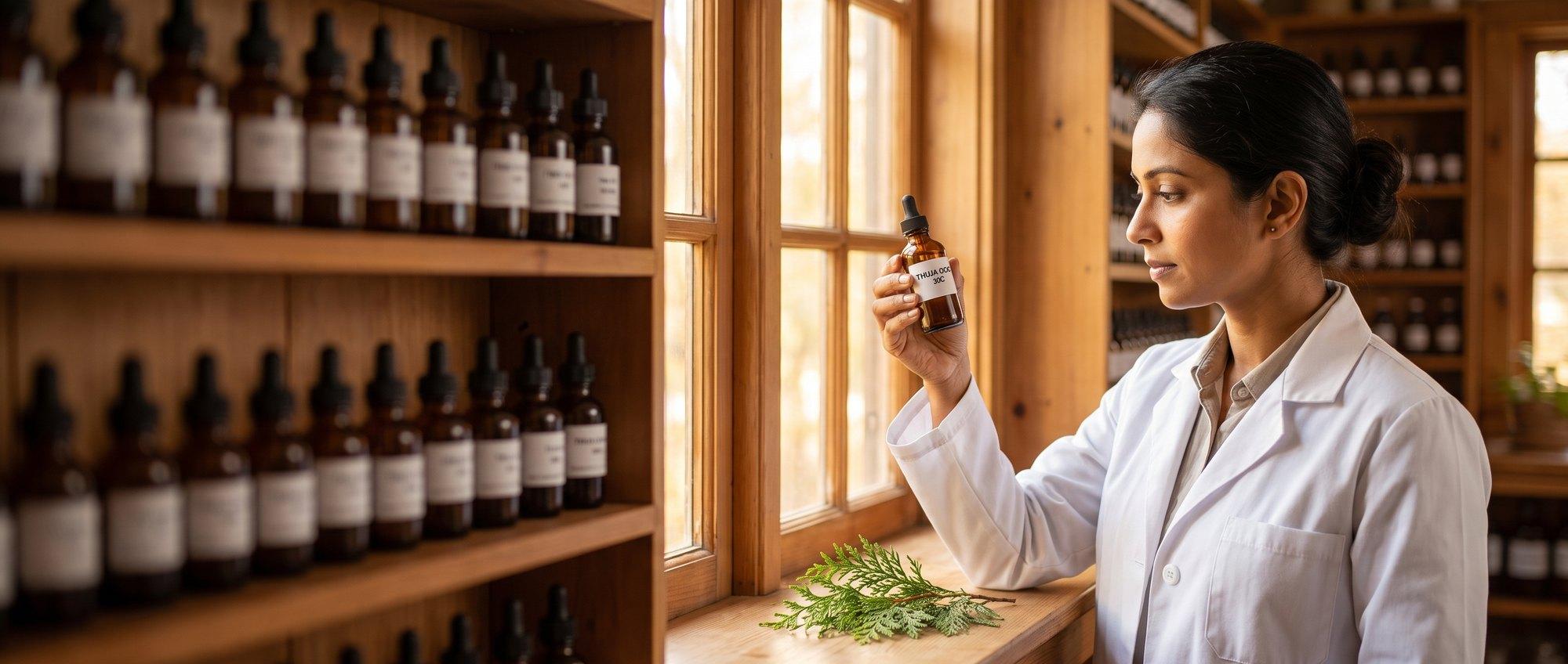 Homeopathy doctor examining a labeled Thuja Occidentalis 30C remedy vial with a sprig of white cedar (thuja) foliage, apothecary shelf of medicine bottles in the background