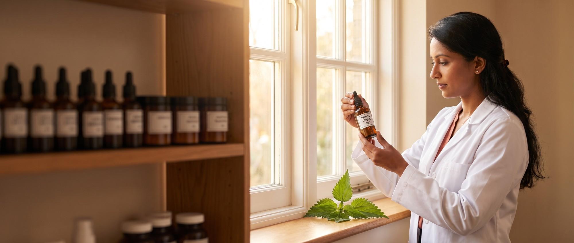 Homeopathy doctor examining a labeled Urtica Urens 30C remedy vial with a sprig of stinging-nettle leaves, apothecary shelf of medicine bottles in the background